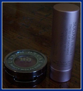 Urban Decay Eyeshadow in Last Call, Left, and Fresh Lip Treatment in Honey, Right